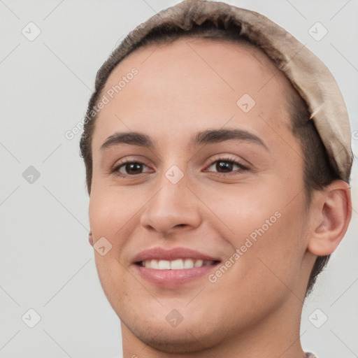 Joyful white young-adult female with short  brown hair and brown eyes