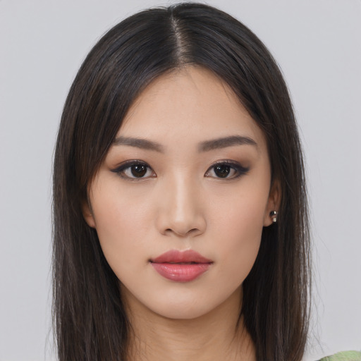 Neutral asian young-adult female with long  brown hair and brown eyes