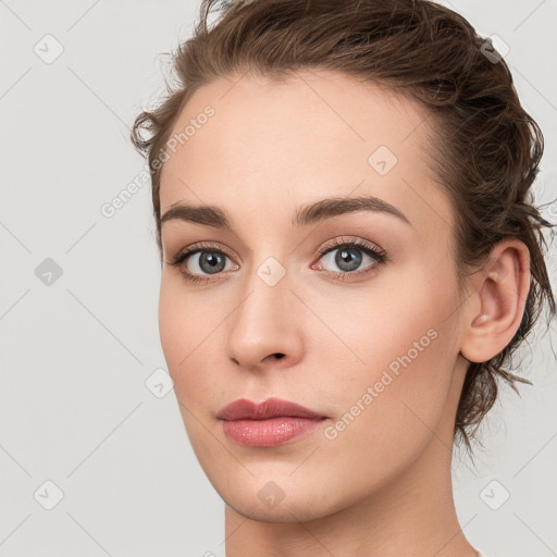 Neutral white young-adult female with medium  brown hair and grey eyes