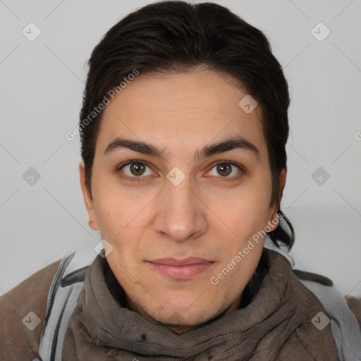 Joyful white young-adult female with short  brown hair and brown eyes