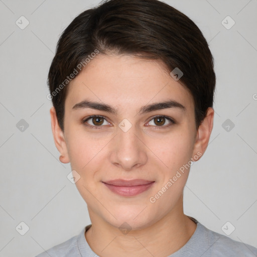 Joyful white young-adult female with short  brown hair and brown eyes