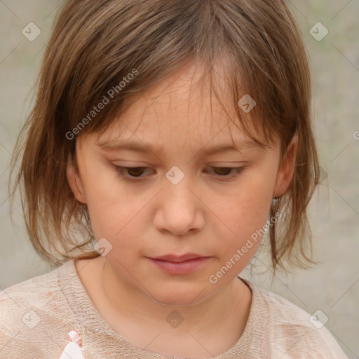 Joyful white child female with medium  brown hair and brown eyes