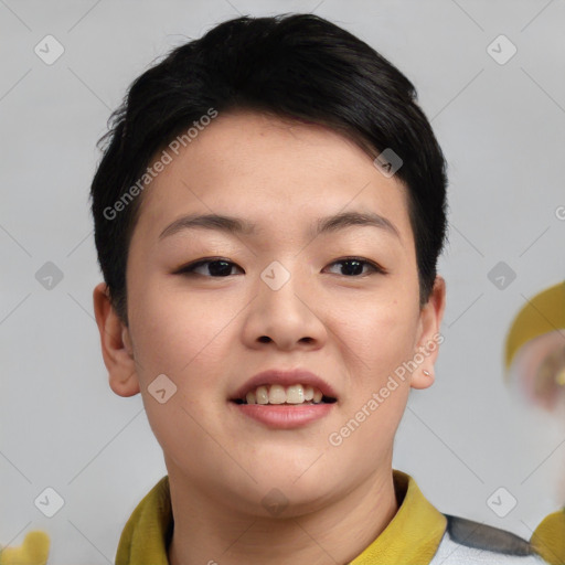 Joyful asian young-adult female with short  brown hair and brown eyes