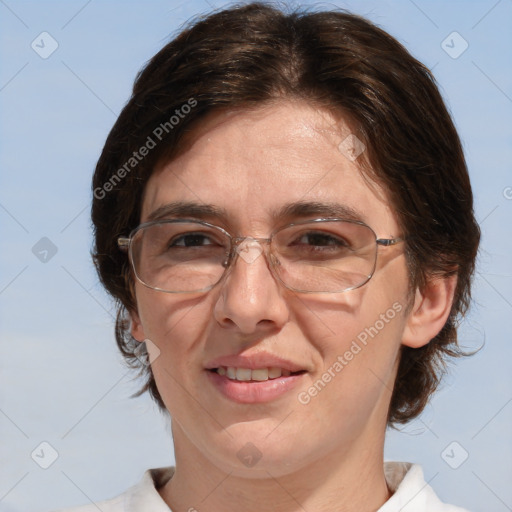 Joyful white adult female with medium  brown hair and blue eyes