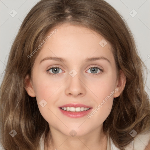 Joyful white young-adult female with long  brown hair and blue eyes