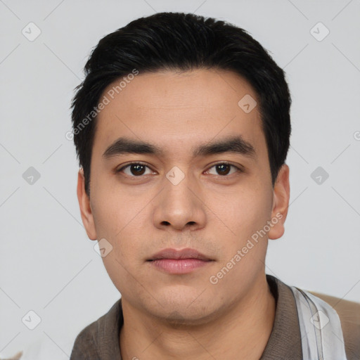 Neutral asian young-adult male with short  black hair and brown eyes