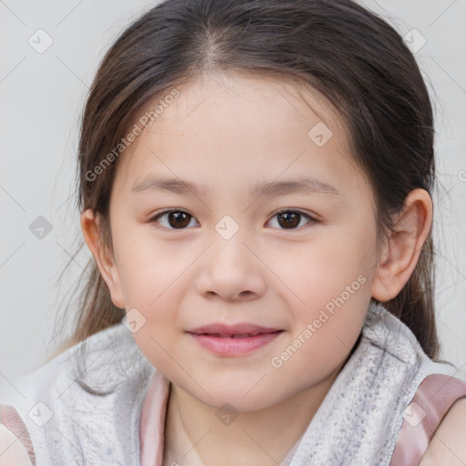 Joyful white child female with medium  brown hair and brown eyes