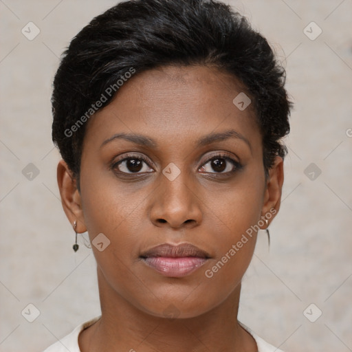 Neutral black young-adult female with short  brown hair and brown eyes