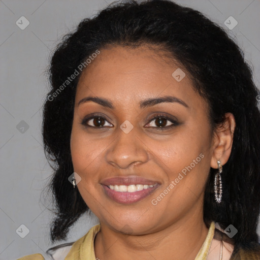 Joyful black young-adult female with long  brown hair and brown eyes