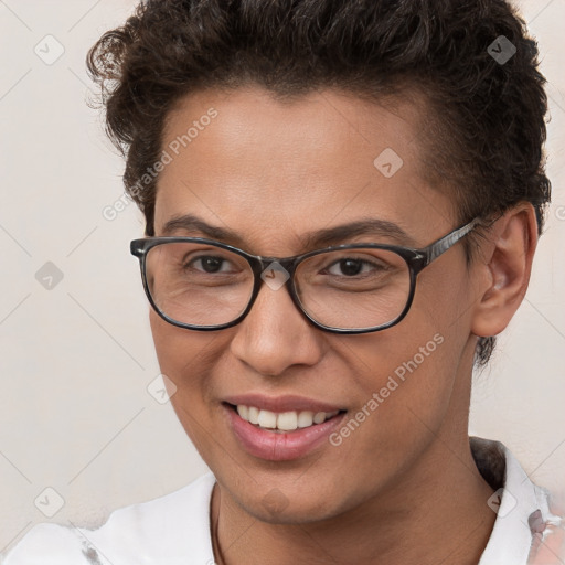 Joyful white young-adult female with short  brown hair and brown eyes