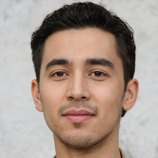 Neutral white young-adult male with short  black hair and brown eyes