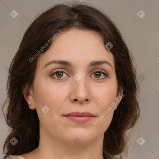 Joyful white young-adult female with medium  brown hair and green eyes