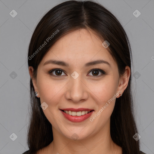 Joyful white young-adult female with long  brown hair and brown eyes