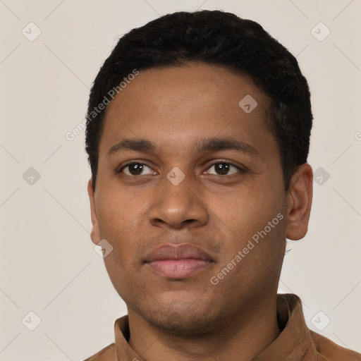 Neutral black young-adult male with short  black hair and brown eyes