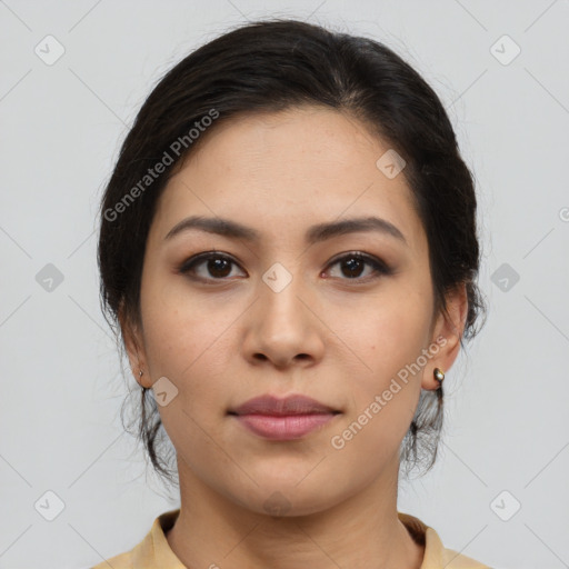 Neutral asian young-adult female with medium  brown hair and brown eyes