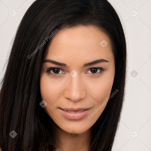 Joyful asian young-adult female with long  brown hair and brown eyes