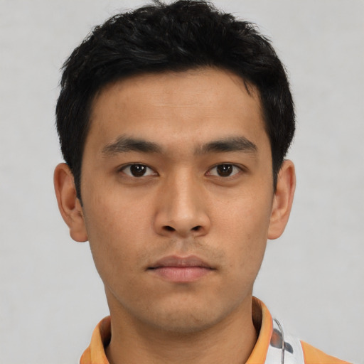 Neutral asian young-adult male with short  black hair and brown eyes