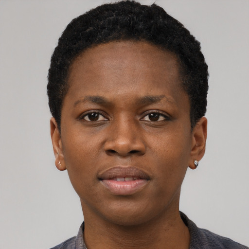 Neutral black young-adult female with short  black hair and brown eyes