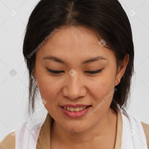 Joyful white young-adult female with medium  brown hair and brown eyes