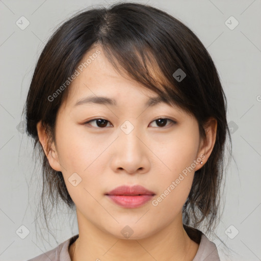 Neutral asian young-adult female with medium  brown hair and brown eyes