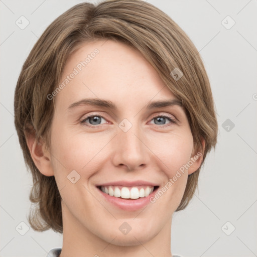 Joyful white young-adult female with medium  brown hair and green eyes