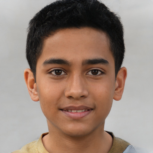 Joyful latino young-adult male with short  brown hair and brown eyes