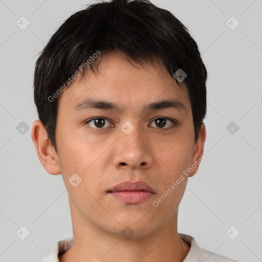 Neutral asian young-adult male with short  brown hair and brown eyes