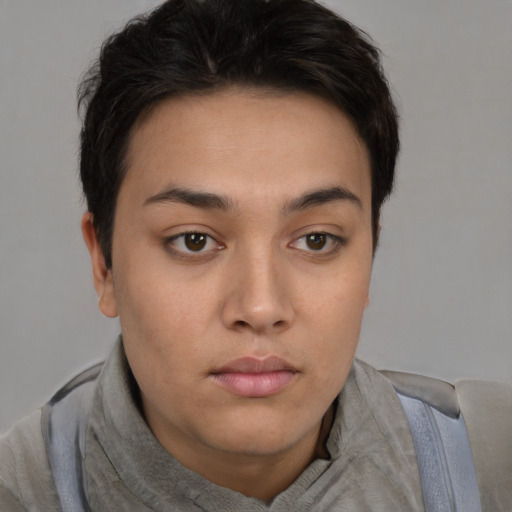 Neutral asian young-adult female with short  brown hair and brown eyes