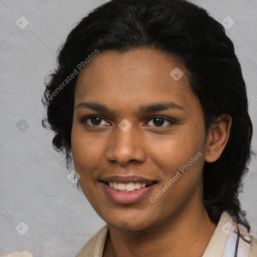 Joyful black young-adult female with medium  black hair and brown eyes