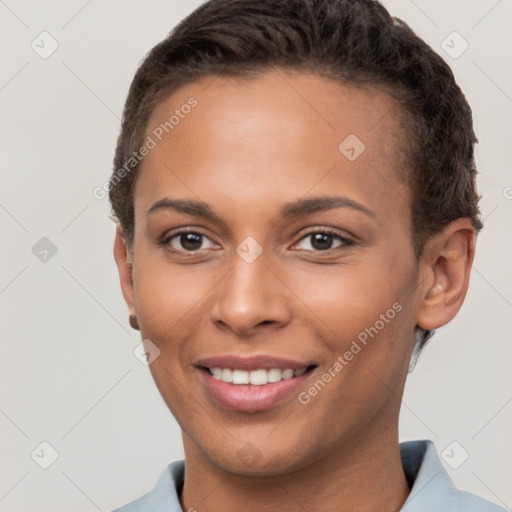 Joyful white young-adult female with short  brown hair and brown eyes