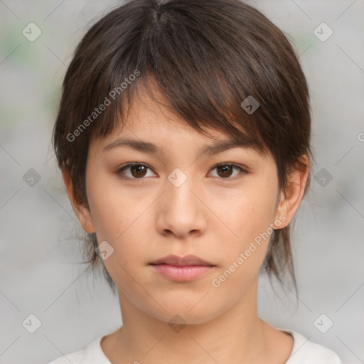 Neutral white young-adult female with medium  brown hair and brown eyes