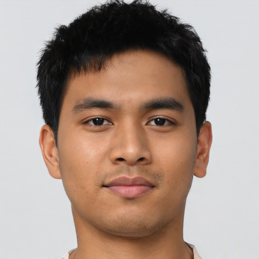 Neutral asian young-adult male with short  black hair and brown eyes