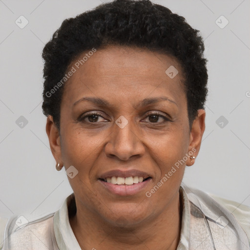 Joyful latino adult female with short  brown hair and brown eyes