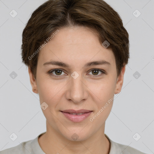 Joyful white young-adult female with short  brown hair and grey eyes