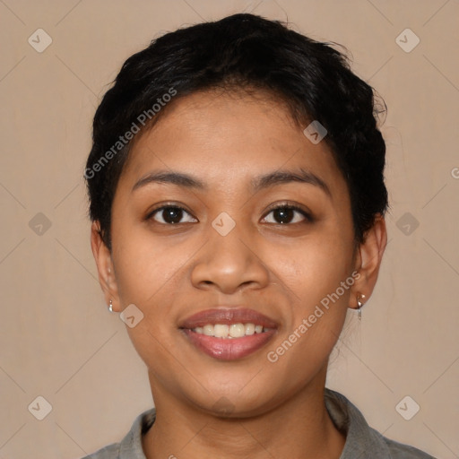 Joyful latino young-adult female with short  brown hair and brown eyes