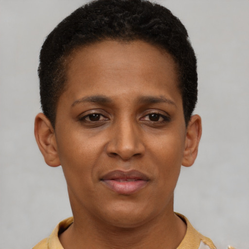 Joyful black young-adult female with short  brown hair and brown eyes