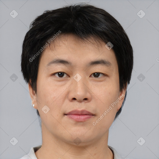 Neutral asian young-adult male with short  brown hair and brown eyes