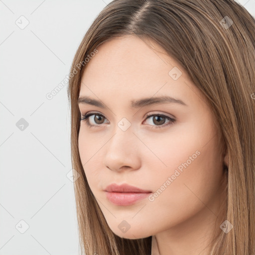 Neutral white young-adult female with long  brown hair and brown eyes