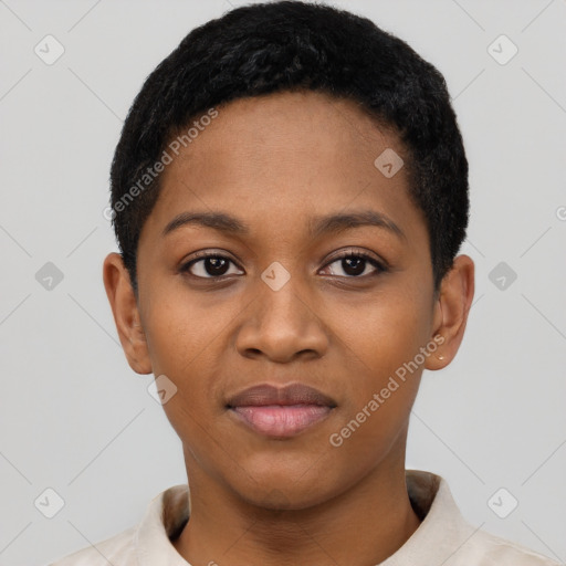 Joyful black young-adult female with short  black hair and brown eyes