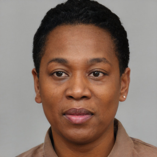 Joyful black young-adult female with short  black hair and brown eyes