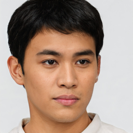 Neutral asian young-adult male with short  brown hair and brown eyes