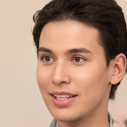 Joyful white young-adult male with medium  brown hair and brown eyes