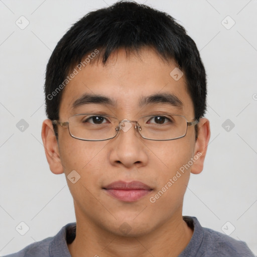 Neutral asian young-adult male with short  brown hair and brown eyes