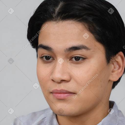 Joyful asian young-adult female with short  black hair and brown eyes