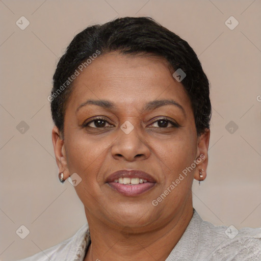 Joyful latino adult female with short  brown hair and brown eyes