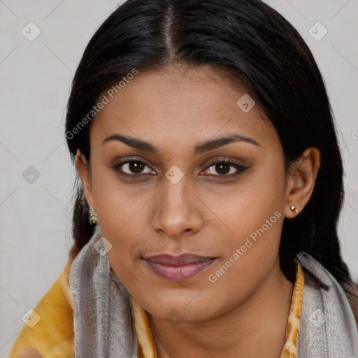 Joyful latino young-adult female with long  brown hair and brown eyes