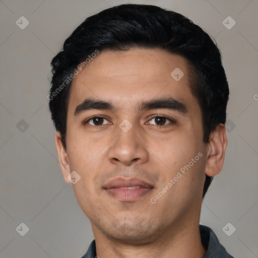 Neutral asian young-adult male with short  black hair and brown eyes