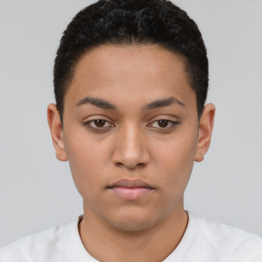 Neutral latino young-adult female with short  black hair and brown eyes