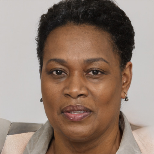 Joyful black adult female with short  black hair and brown eyes