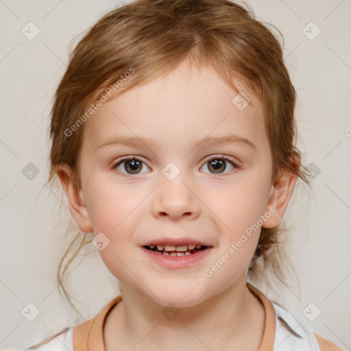 Joyful white child female with medium  brown hair and brown eyes